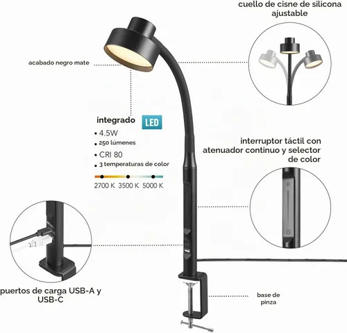 Vista 5 de Globe Electric 62000036 Lámpara de escritorio LED de 15" con abrazadera integrada, color negro mate, cuello de cisne de silicona ajustable