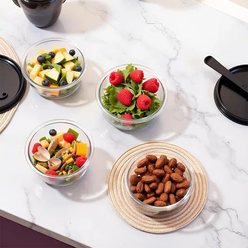 Vista 4 de Recipientes redondos de vidrio para almacenamiento de alimentos de 12 onzas con tapas, recipientes redondos para preparación de comidas de 1.5 tazas