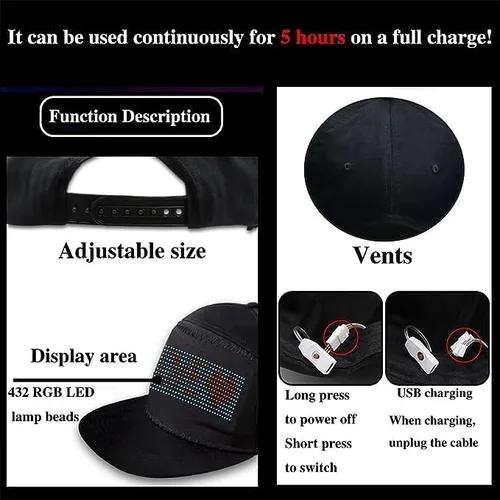 Vista 3 de Gorra de béisbol con pantalla LED, sombrero inteligente con Bluetooth animado, multiidioma personalizado con aplicación móvil, edición de control