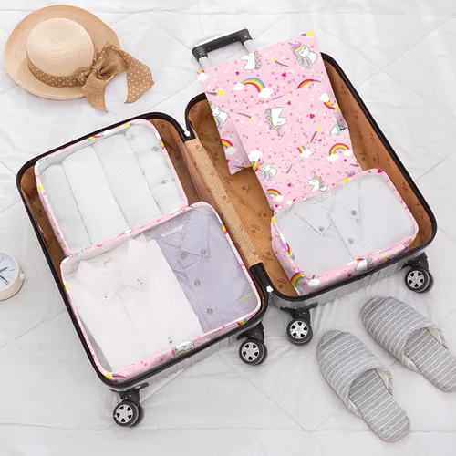 Vista 6 de BHAHB Juego de 7 cubos de embalaje para niños, organizadores de equipaje de viaje para maleta, accesorios de viaje con bolsa de zapatos para niños