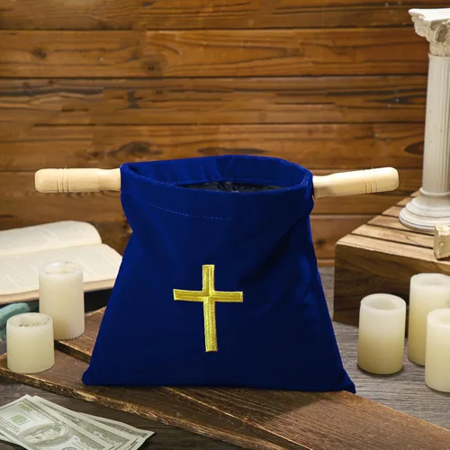 Vista 6 de Abbylike Bolsa de terciopelo para ofrendas de iglesia con asas de madera, bolsa de ofrenda religiosa de 10 pulgadas, bolsa de colección de iglesias
