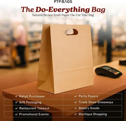 Vista 2 de PTP BAGS - Bolsas naturales y blancas de papel de estraza, 11 x 6 x 11 pulgadas, bolsas para servicio de alimentos