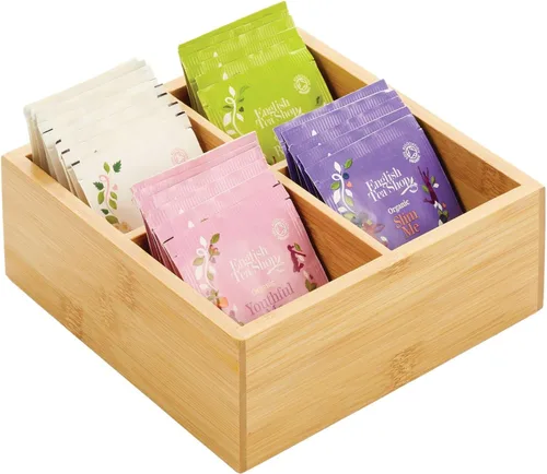 Vista 9 de mDesign Caja organizadora de bambú para almacenamiento de té y alimentos, estuche de madera para bolsas de té, café, aperitivos, azúcar