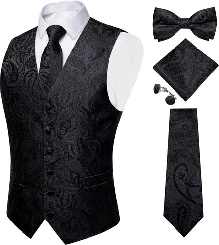 Vista 36 de DiBanGu Conjunto de 5 chalecos de seda con corbata y corbatín para hombre Paisley oro negro