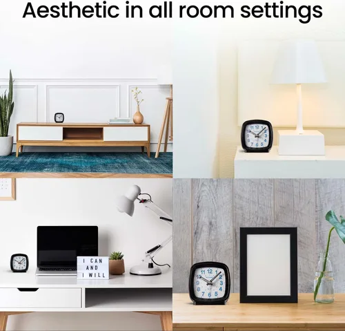 Vista 9 de Miykon Reloj despertador analógico cuadrado pequeño – Silencioso sin tictac, funciona con pilas con luz LED y repetición – Escritorio, mesa, viaje