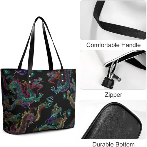 Vista 4 de Bolso de mano de cuero de dragones para mujer con asa superior, Multi