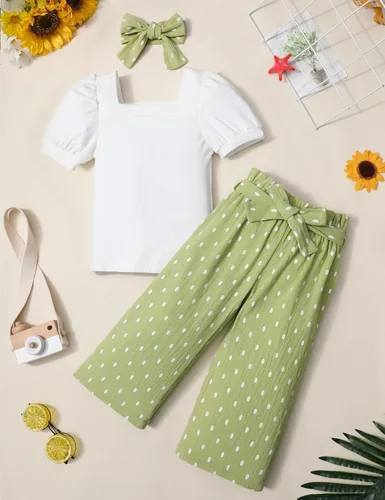 Vista 52 de DONWEN Conjunto de 3 piezas de ropa para niñas pequeñas y niñas con cuello cuadrado + pantalones elegantes + diadema para primavera y verano