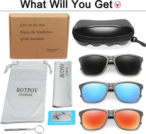 Vista 6 de BOTPOV Lentes de sol polarizados para hombres y mujeres espejo con protección UV 400 bisagra de resorte paquete de 3 Negro Gris Plata Azul Rojo