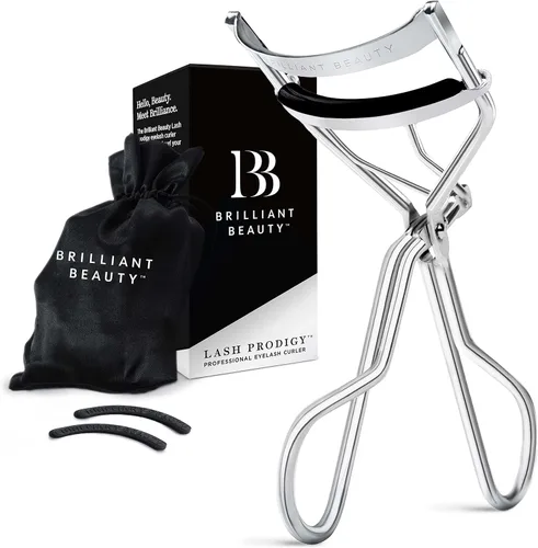 Vista 7 de Brilliant Beauty - Rizador de pestañas, bolsa de satén y almohadillas de repuesto, color dorado Pestañas rizadas dramáticamente, levantamiento
