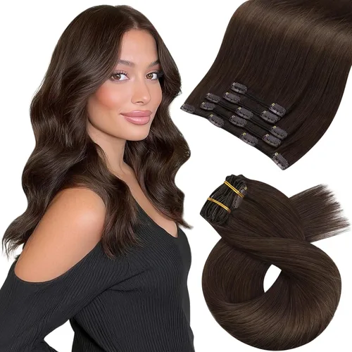 Vista 69 de Moresoo Extensiones de cabello humano con clip, balayage, color marrón oscuro a marrón dorado con clip, extensiones de cabello humano con clip, 5