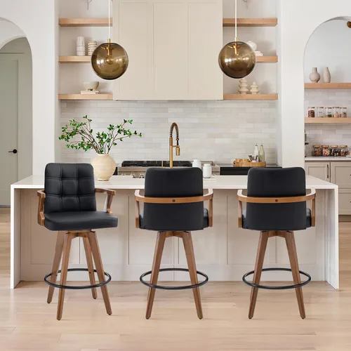 Vista 15 de MEKLIBA Taburetes de bar de 26” de altura de mostrador, Silla de bar tapizada en cuero, Taburetes giratorios con respaldo y brazos, Juego moderno