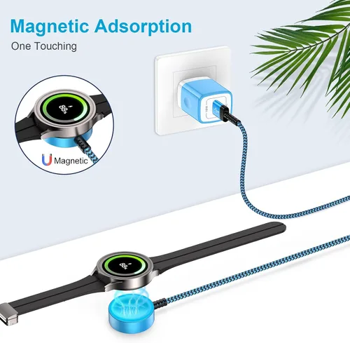Vista 2 de Cargador de reloj Samsung para Galaxy Watch8 Classic/7/6 Cable de carga USB magnético inalámbrico cable de carga de 3 pies con adaptador QC para Azul