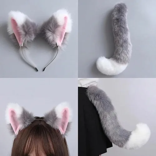 Vista 3 de Haiyuhang SZHYH - Juego de 2 diademas de pelo sintético de felpa con orejas de zorro y cola para Navidad, Halloween, fiesta, cosplay, gris y blanco