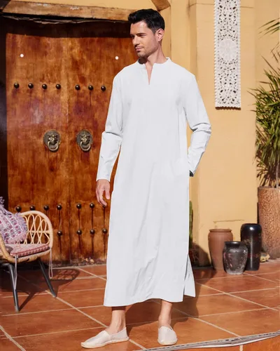 Vista 3 de LVCBL Kaftan Thobe - Bata musulmana grande y alta para hombre, de manga larga, caftán Blanco