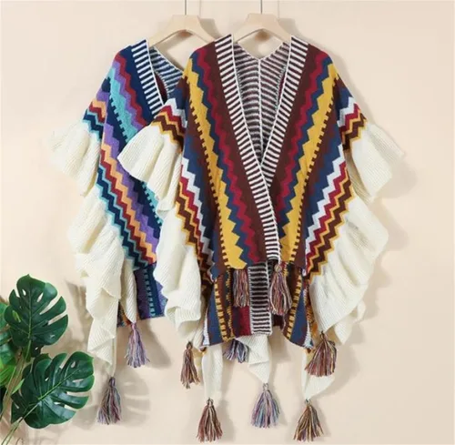 Vista 2 de SXLINGDO Poncho cruzado frontal tipo suéter de punto elegante capa de chales, cárdigan bohemio con borla para mujer