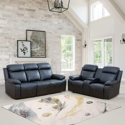 Vista 8 de Juego de sofá reclinable de cuero, juego de sofá manual de cuero regenerado para sala de estar, juego de muebles de sala con consola de Negro