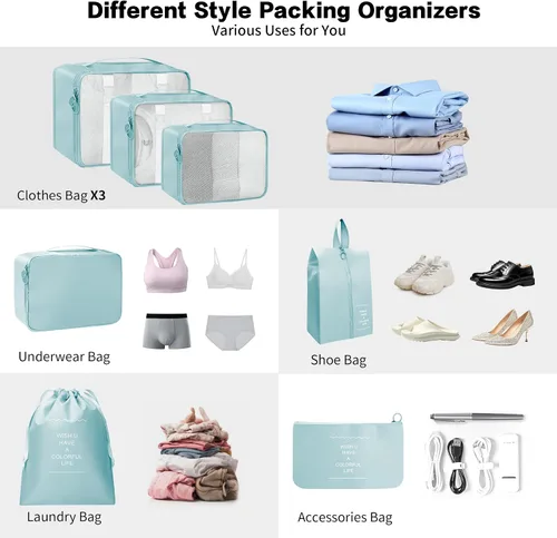 Vista 3 de Juego de 7 cubos de embalaje, esenciales de viaje para llevar de mano, organizadores de equipaje de viaje ligeros esenciales, ropa y zapatos, cubo