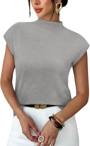 Vista 12 de Sampeel Suéter de manga corta para mujer, cuello alto, para verano, elegante, informal, básico, de punto