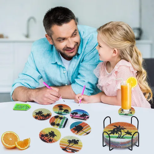 Vista 5 de UiSdfuy 8 posavasos de diamante con soporte, kits de arte de diamantes para adultos, niños y principiantes, suministros de manualidades de bricolaje