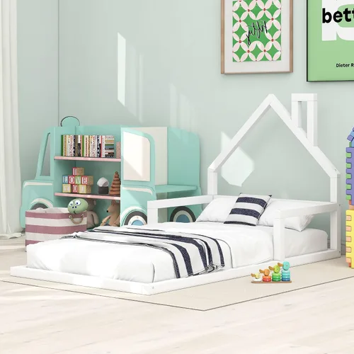 Vista 12 de Quarte Cama de suelo de madera de tamaño individual con cabecera en forma de casa, marco de cama de plataforma de madera para dormitorio,