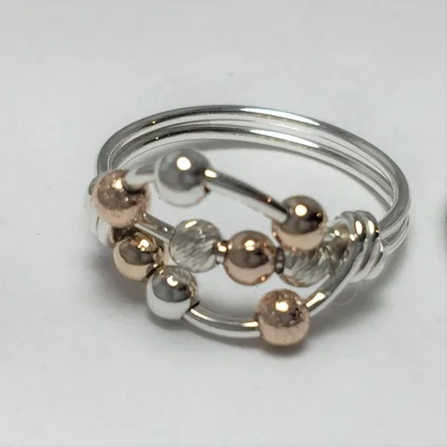 Vista 6 de Anillo de preocupación, anillo de ansiedad, anillo giratorio, plata argentium con cuentas, relleno de oro amarillo o rosa de 14 quilates