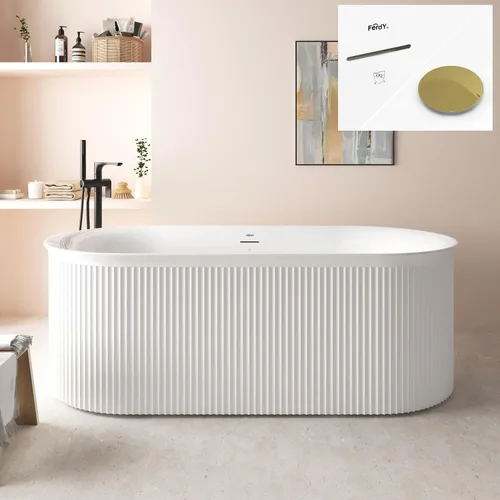 Vista 38 de FerdY Bañera independiente de acrílico Bali de 47 pulgadas, bañera independiente con forma elegante, certificado cUPC, drenaje dorado cepillado
