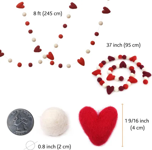 Vista 4 de Glaciart One Guirnalda de bolas de fieltro de San Valentín con corazones rojos, hecha a mano en Nepal con lana de Nueva Zelanda, reutilizable