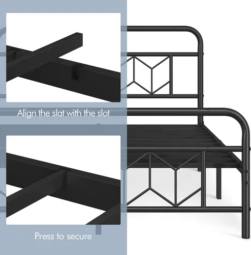 Vista 6 de YAHETECH - Base de cama metálica con cabecera y estribo de patrón de diamante, soporte de listones de acero resistente, almacenamiento debajo