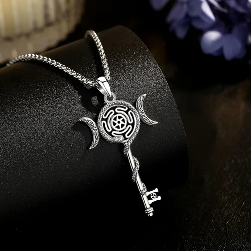 Vista 11 de EUDORA Collar de plata de ley 925 con moneda Hécate, Athena, Perséfono, Nyx, diosa de la luna triple, diosa celta, rueda de Hécate, llave, regalo