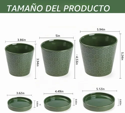 Vista 3 de Macetas de cerámica, macetas de 4+5+6 pulgadas para plantas de interior, macetas con agujeros de drenaje y bandeja de cerámica, macetas