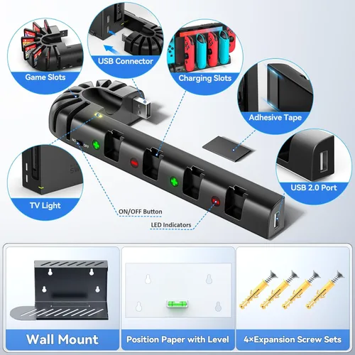 Vista 7 de Soporte de pared para interruptor con cargador, kit de montaje en pared para interruptor Joy-Con, estación de acoplamiento de carga para interruptor
