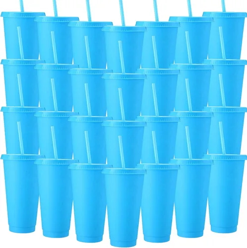 Vista 22 de Honeydak Paquete de 60 vasos con popote y tapa, vasos a granel para regalos, tazas de café de plástico con purpurina de 24 a 27 onzas, botella