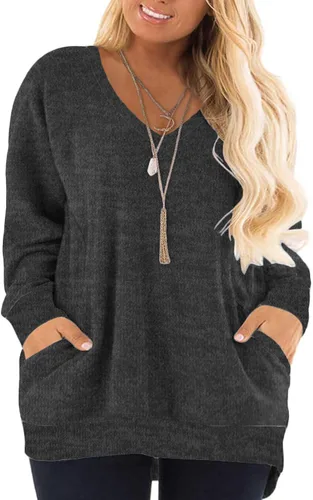 Vista 24 de DOLNINE Sudaderas de talla grande para mujer, con bloques de color, manga larga, con bolsillo 01_ negro