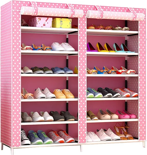 Vista 11 de Zapatero de 2 filas de metal, cubierta de tela multicapa a prueba de polvo, organizador de almacenamiento para dormitorio, sala de estar, puerta