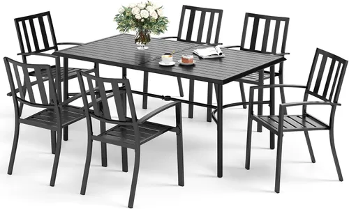 Vista 17 de SUNSHINE VALLEY Juego de 7 sillas de comedor para patio, material metálico, 6 sillas de comedor de color teca rectangular con agujero para sombrilla