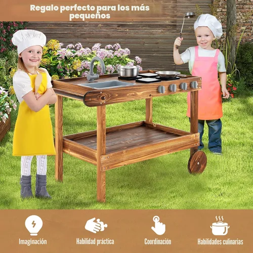 Vista 7 de Costzon Cocina de barro, cocina de juego al aire libre con fregadero, grifo, estufas y accesorios de cocina, estante de almacenamiento, carrito