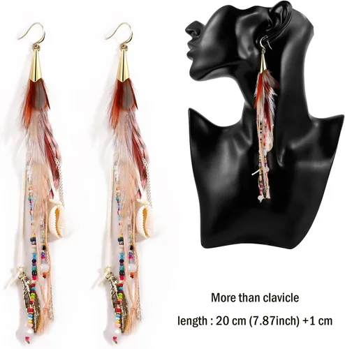 Vista 4 de Badu - Aretes de plumas para mujer, diseño de borla larga, joyería bohemia, accesorios de boda