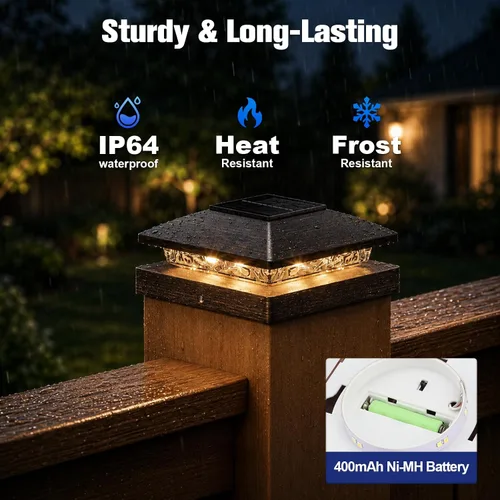 Vista 6 de APONUO Luces solares para postes de 4 x 4 – IP64 impermeable, blanco cálido, luces inalámbricas de valla y luces de cubierta para patios, jardines