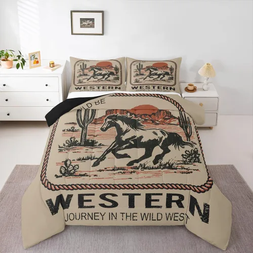 Vista 25 de Juego de edredón de vaquero individual, ropa de cama occidental para niños y hombres, ilustración dibujada a mano de caballo americano salvaje