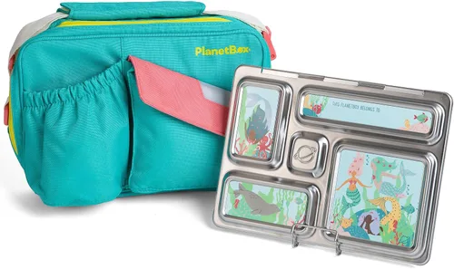 Vista 8 de PlanetBox Rover - Lonchera estilo Bento de acero inoxidable para jóvenes con 5 compartimentos, edición mariposas incluye bolsa de almuerzo aislada