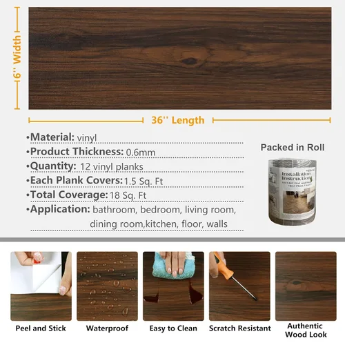 Vista 9 de VEELIKE Tablones de suelo de 6 x 36 pulgadas, vinilo impermeable de madera marrón oscuro, autoadhesivo, extraíble para baño, dormitorio, cocina
