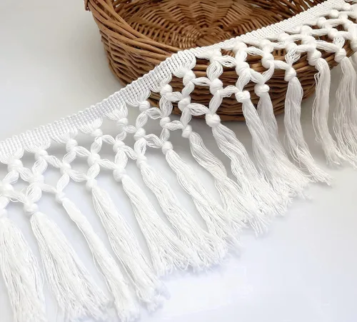 Vista 7 de FQTANJU Borla de algodón de 3 yardas de 5.5 in de ancho, borla de algodón, cinta bohemia de macramé para accesorios de costura, manualidades y Beige