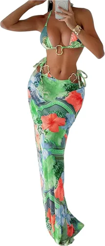 Vista 13 de WDIRARA Conjunto de bikini para mujer de 3 piezas, estampado floral halter con anillos, leopardo, traje de baño con falda de playa Varios