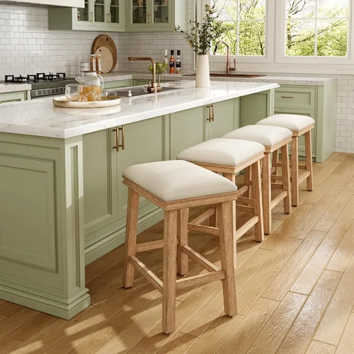 Vista 29 de MAISON ARTS Juego de 4 taburetes de bar grises para encimera de cocina, patas de madera maciza con asiento de silla de montar de piel sintética