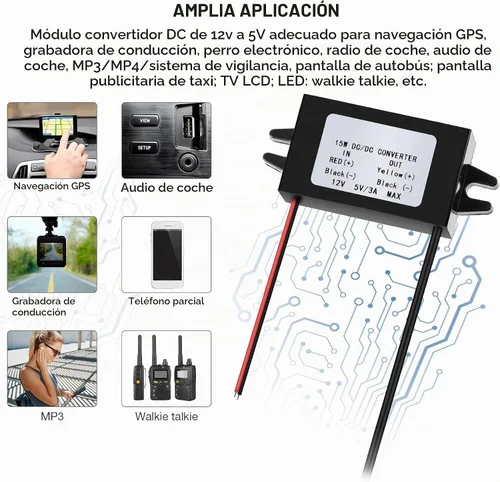 Vista 6 de Weewooday - Convertidor de CC de 2 piezas, 12 V a 5 V, 3 A, 15 W, USB dual, negro, tipo C