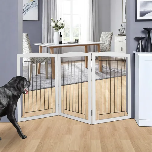 Vista 29 de ZJSF Puerta plegable independiente para perros para casa, puerta de madera extra ancha para cachorros, escaleras, puertas para mascotas, valla alta