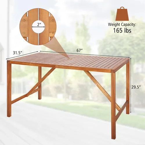 Vista 3 de Tangkula Mesa de comedor rectangular para exteriores, mesa de madera de acacia con agujero para sombrilla de 2 pulgadas, amplia mesa de listones