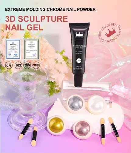 Vista 6 de Kit de polvo de uñas cromado y gel de uñas 3D BISHENGYF: 0.53 oz No Wipe 3D Sculpting Gel Aurora White Pearl Silver Gold Chrome Nail Powder