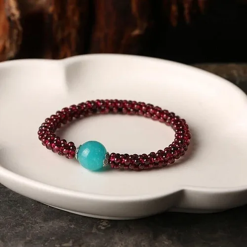 Vista 2 de TEAMWILL Pulsera de reiki curativa de cuentas redondas unisex de granate de amazonita natural