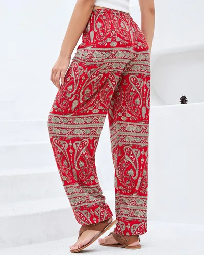Vista 2 de QIANXIZHAN Pantalones de harén para mujer, pantalones hippie palazzo, pantalones bohemios, ropa de yoga con bolsillos